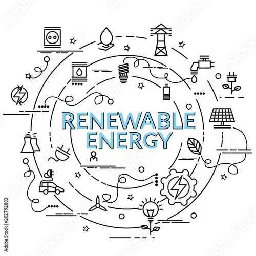Flat colorful design concept for Renewable Energy. Infographic idea of making creative products..Template for website banner, flyer and poster.