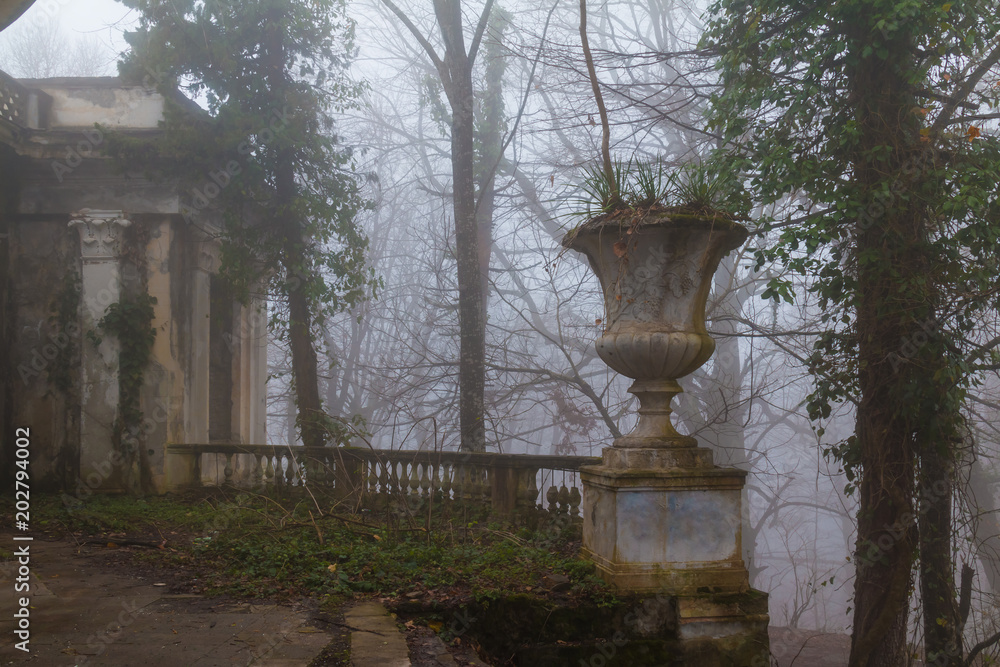 Φωτογραφία Vase and avant-corps of the abandoned building of the former restaurant on the t