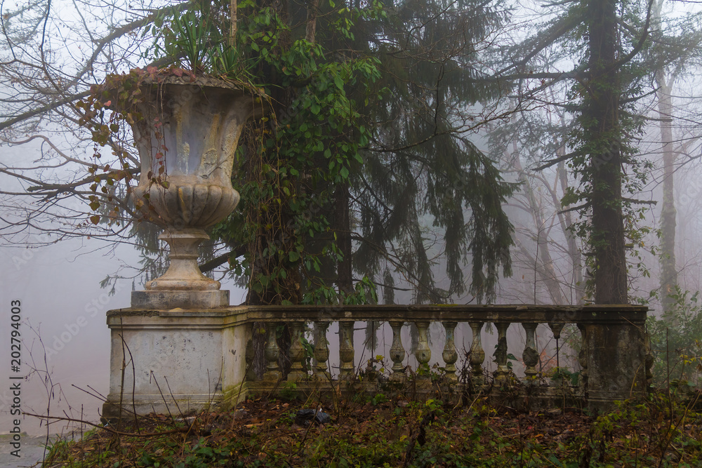 Φωτογραφία Vase and balustrade of the abandoned building of the former restaurant on the to