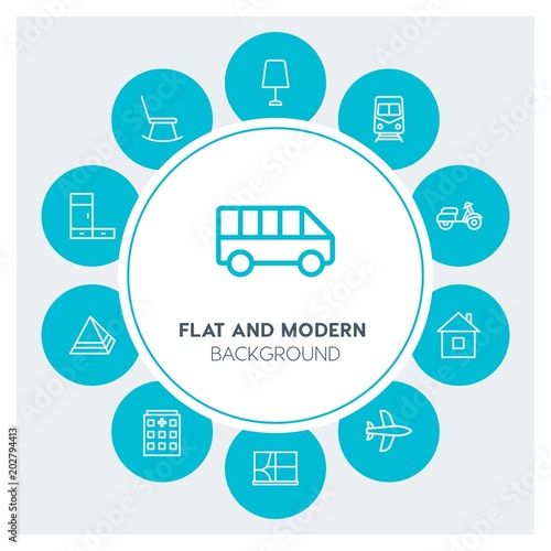 transports, buildings, furniture Infographic Circle outline Icons Set. Contains such Icons as  business,  website,  elements,  background,  pattern,  banner and more. Fully Editable. Pixel Perfect