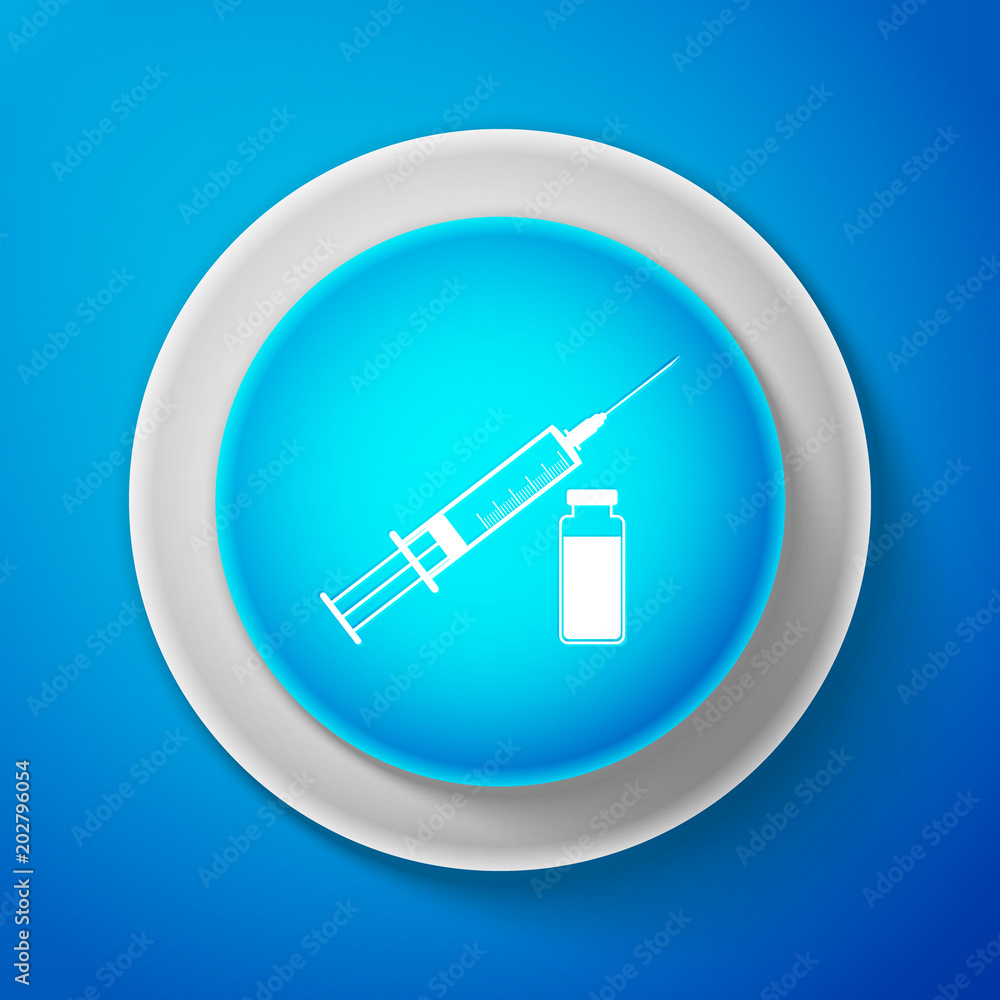 White Medical syringe with needle and vial icon isolated on blue background. Concept of vaccination, injection. Circle blue button with white line. Vector Illustration White Medical syringe with needle and vial icon isolated on blue background. Concept of vaccination, injection. Circle blue button with white line. Vector Illustration