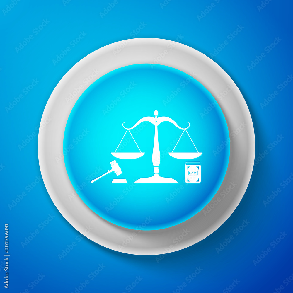 White Scales of justice, gavel and book icon isolated on blue background. Symbol of law and justice. Concept law. Legal law and auction symbol. Circle blue button with white line. Vector Illustration White Scales of justice, gavel and book icon isolated on blue background. Symbol of law and justice. Concept law. Legal law and auction symbol. Circle blue button with white line. Vector Illustration