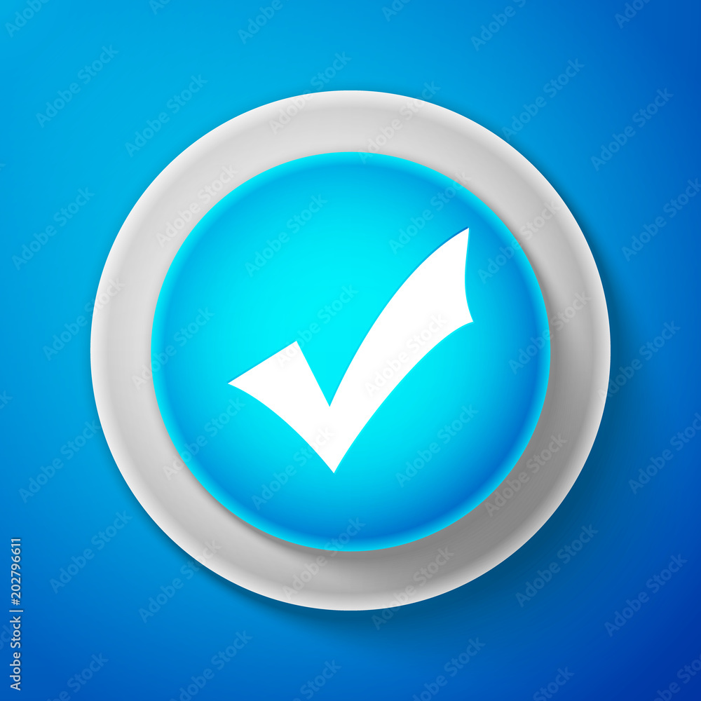 White Check mark icon isolated on blue background. Tick symbol. Circle blue button with white line. Vector Illustration White Check mark icon isolated on blue background. Tick symbol. Circle blue button with white line. Vector Illustration