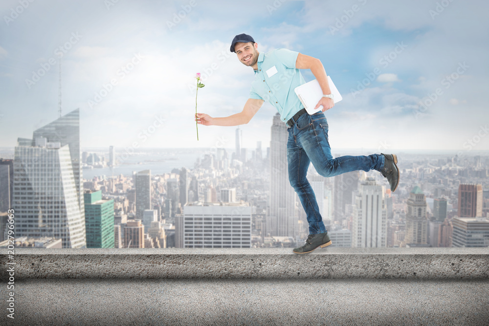 Flower delivery man running on white background against cityscape Flower delivery man running on white background against cityscape