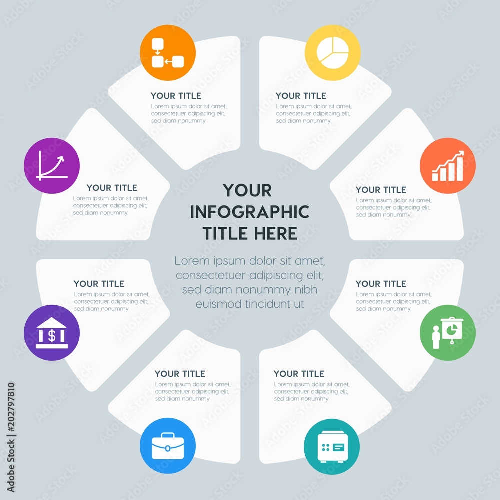 Circle chart business, money, charts infographic template with 8 options for presentations, advertising, annual reports Circle chart business, money, charts infographic template with 8 options for presentations, advertising, annual reports