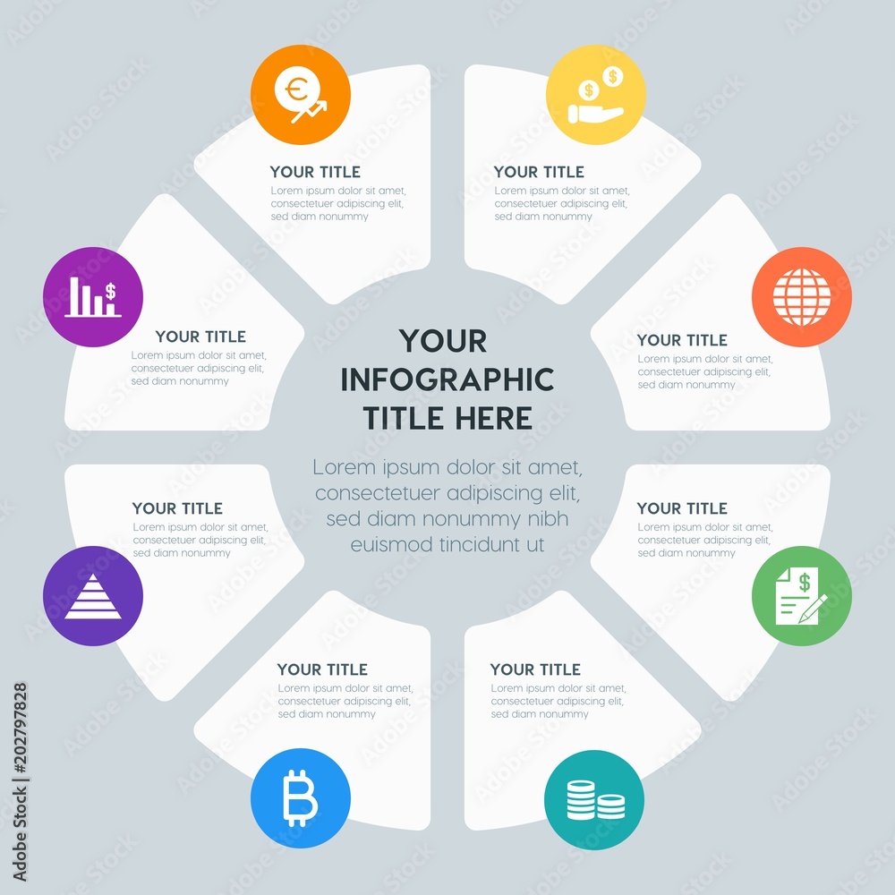 Circle chart business, money, charts infographic template with 8 options for presentations, advertising, annual reports Circle chart business, money, charts infographic template with 8 options for presentations, advertising, annual reports