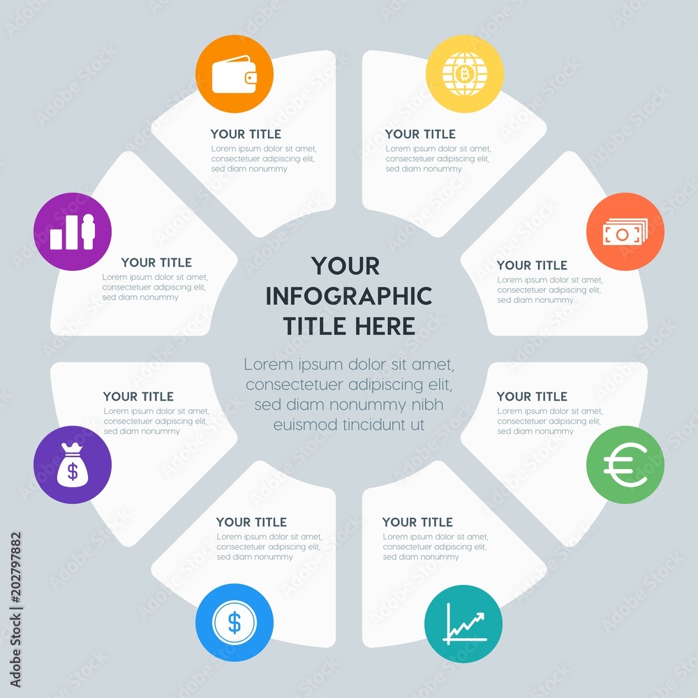 Circle chart business, money, charts infographic template with 8 options for presentations, advertising, annual reports Circle chart business, money, charts infographic template with 8 options for presentations, advertising, annual reports