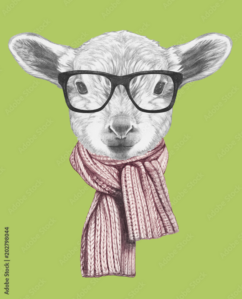Φωτογραφία Portrait of  Lamb with glasses and scarf,  hand-drawn illustration