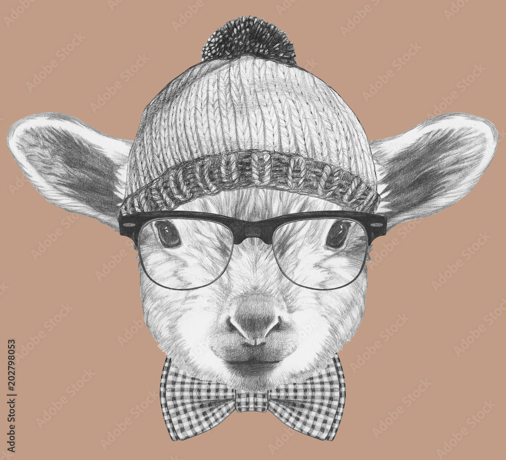Φωτογραφία Portrait of Hipster, portrait of Lamb
with sunglasses, hat and bow tie, 
hand-