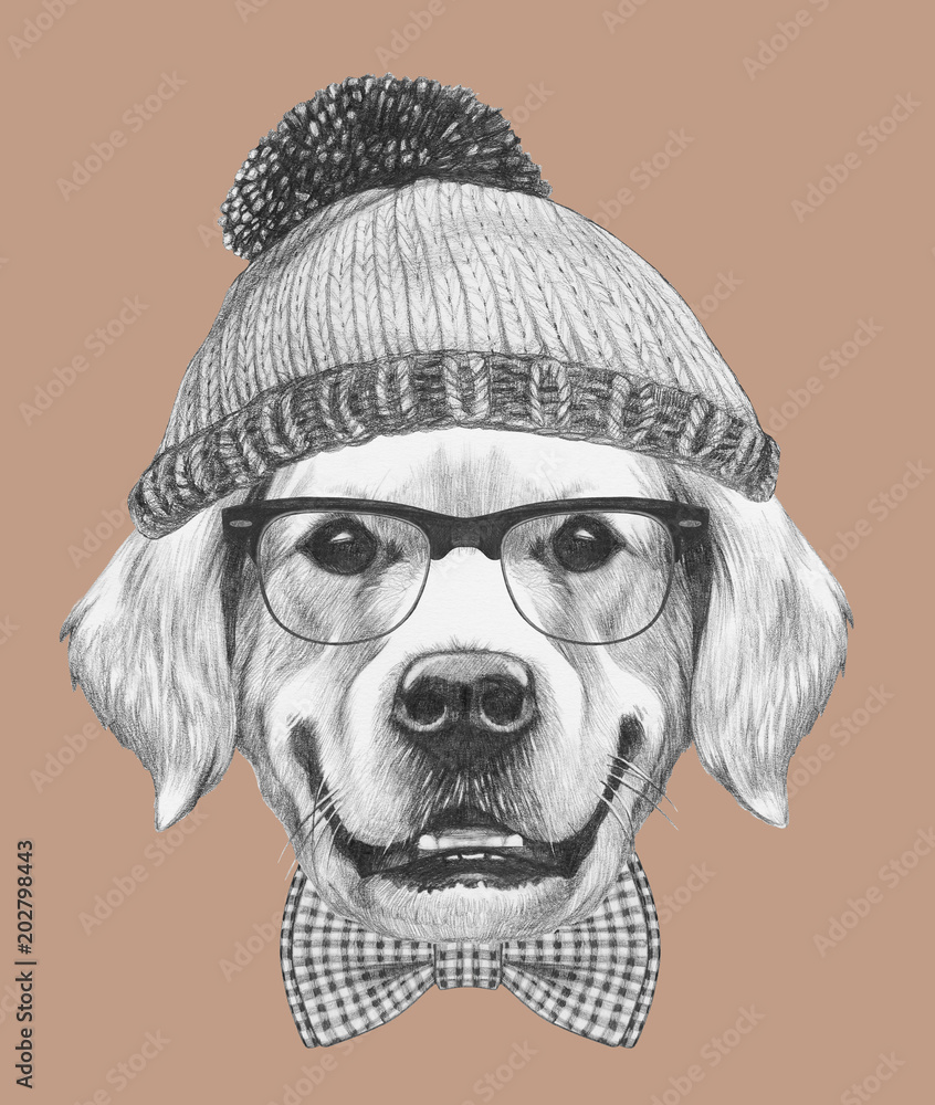 Reusable Outdoor Mouth Cover portrait golden retriever glasses bow tie hand drawn Outdoor Cover 