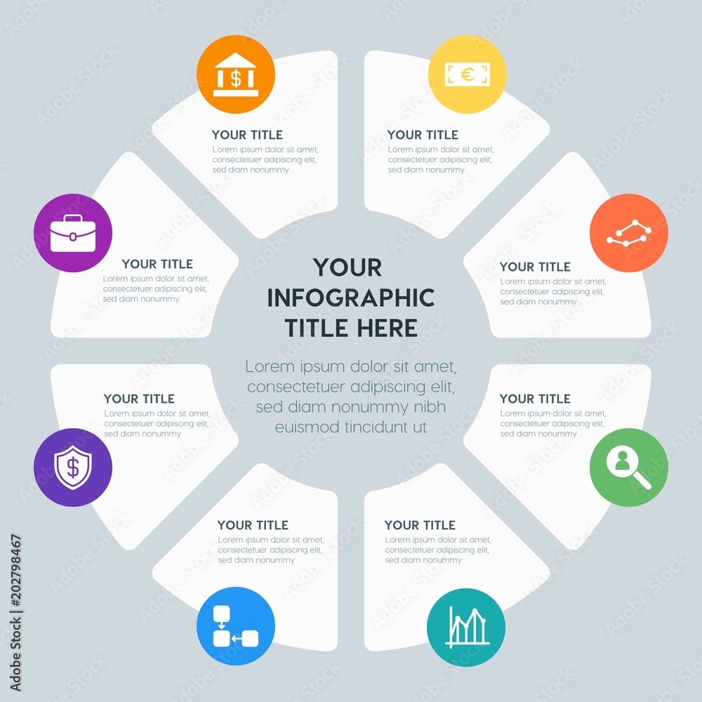 Circle chart business, money, charts infographic template with 8 options for presentations, advertising, annual reports Circle chart business, money, charts infographic template with 8 options for presentations, advertising, annual reports