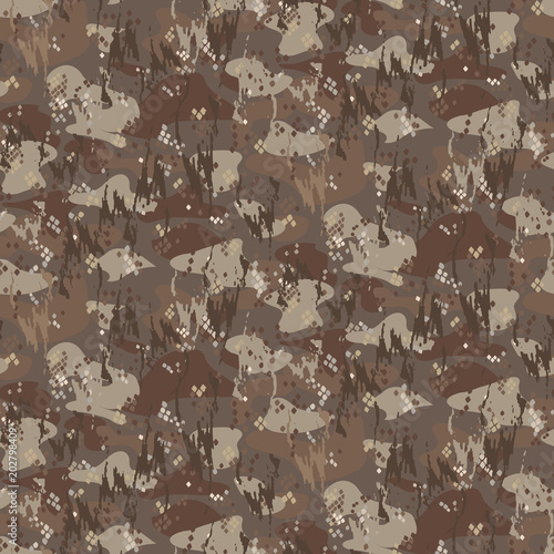 Camouflage spots and brush strokes brown seamless vector pattern. Abstract chaotic tan colors repeating background. photo