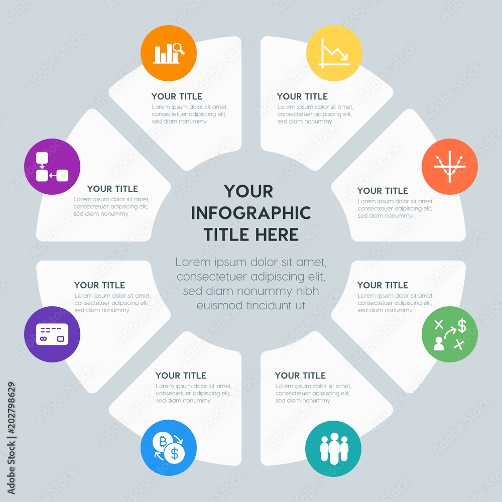 Circle chart business, money, charts infographic template with 8 options for presentations, advertising, annual reports Circle chart business, money, charts infographic template with 8 options for presentations, advertising, annual reports