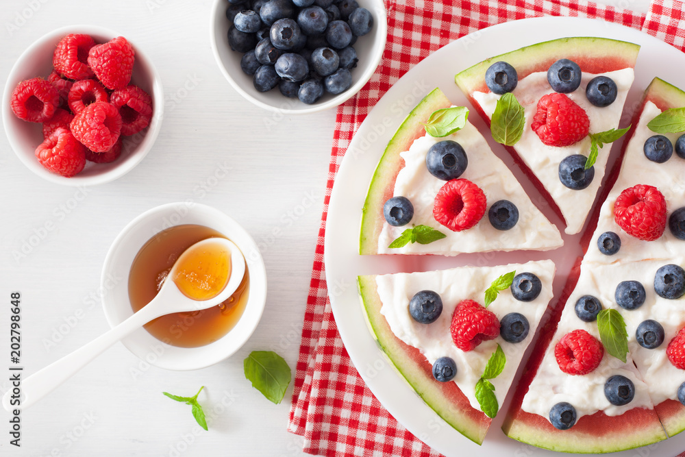 watermelon pizza slices with yogurt and berries, summer dessert watermelon pizza slices with yogurt and berries, summer dessert