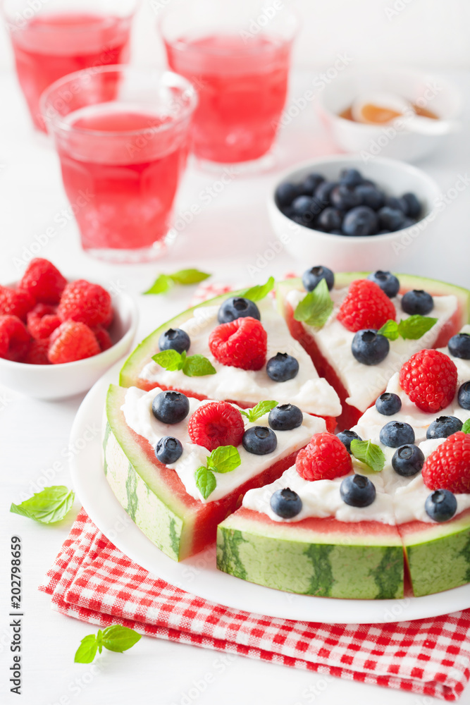 watermelon pizza slices with yogurt and berries, summer dessert watermelon pizza slices with yogurt and berries, summer dessert