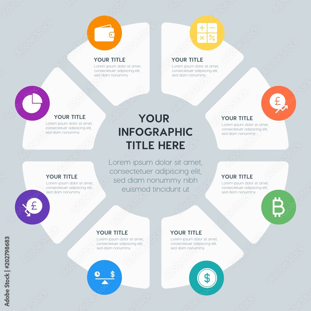 Circle chart business, money, charts infographic template with 8 options for presentations, advertising, annual reports Circle chart business, money, charts infographic template with 8 options for presentations, advertising, annual reports