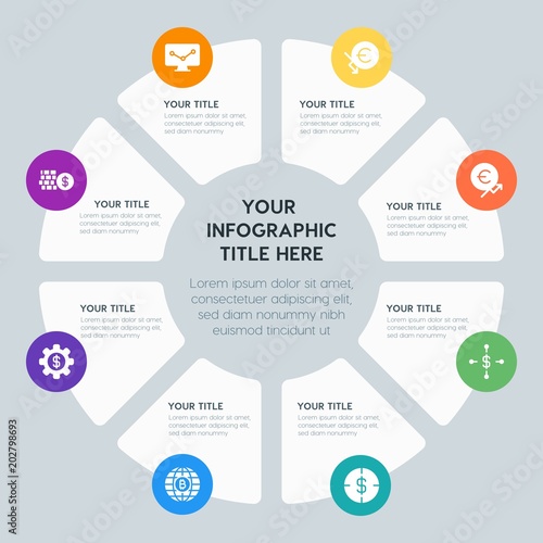 Circle chart business, money, charts infographic template with 8 options for presentations, advertising, annual reports