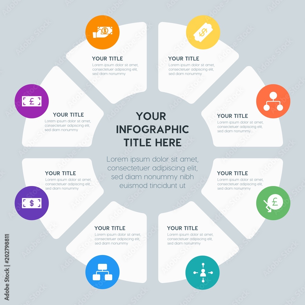 Circle chart business, money, charts infographic template with 8 options for presentations, advertising, annual reports Circle chart business, money, charts infographic template with 8 options for presentations, advertising, annual reports
