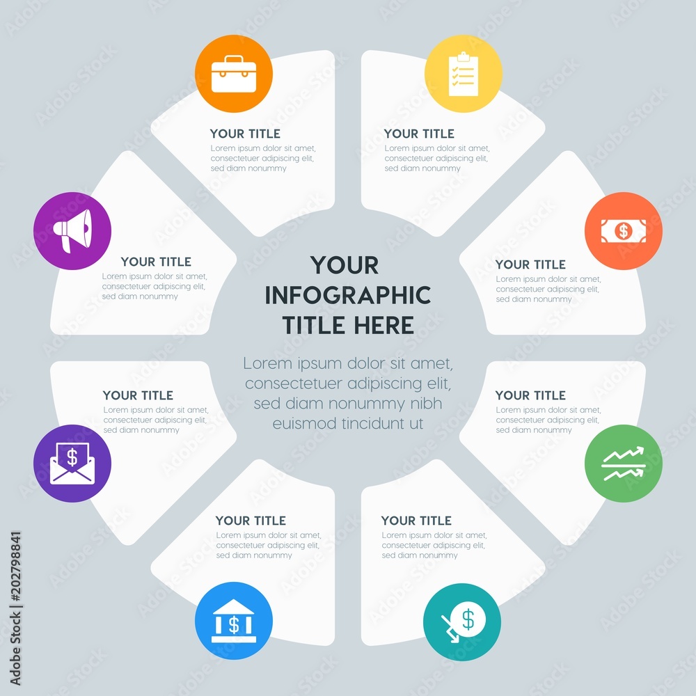 Circle chart business, money, charts infographic template with 8 options for presentations, advertising, annual reports Circle chart business, money, charts infographic template with 8 options for presentations, advertising, annual reports