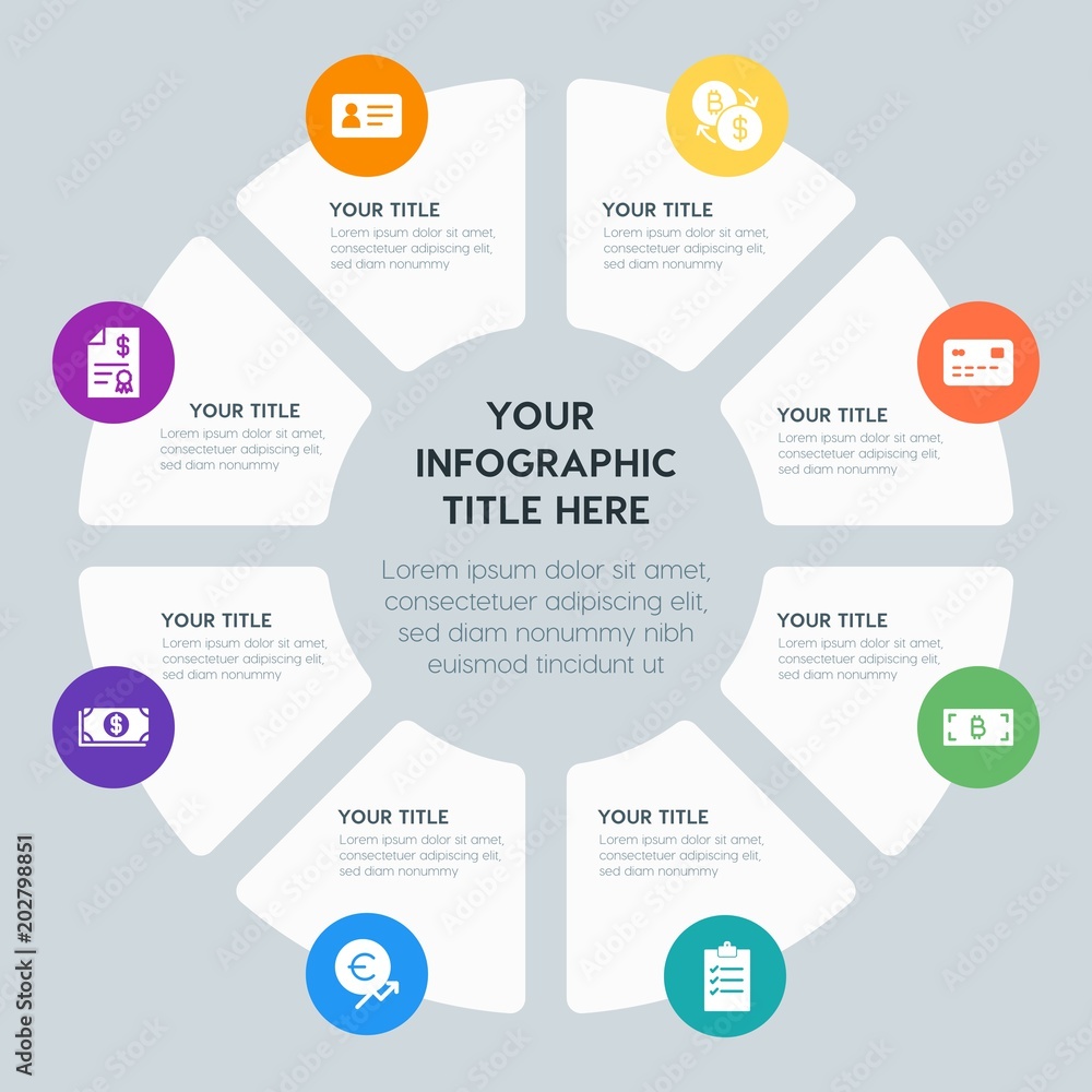 Circle chart business, money, charts infographic template with 8 options for presentations, advertising, annual reports Circle chart business, money, charts infographic template with 8 options for presentations, advertising, annual reports