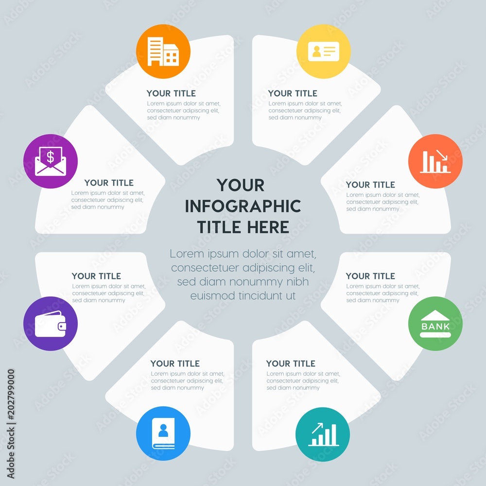 Circle chart business, money, charts infographic template with 8 options for presentations, advertising, annual reports Circle chart business, money, charts infographic template with 8 options for presentations, advertising, annual reports