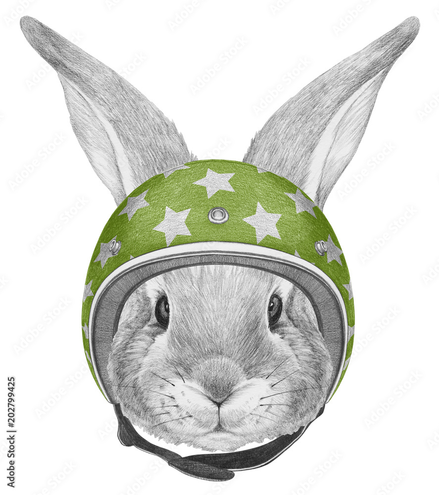 Fototapeta premium Portrait of Rabbit with helmet, hand-drawn illustration