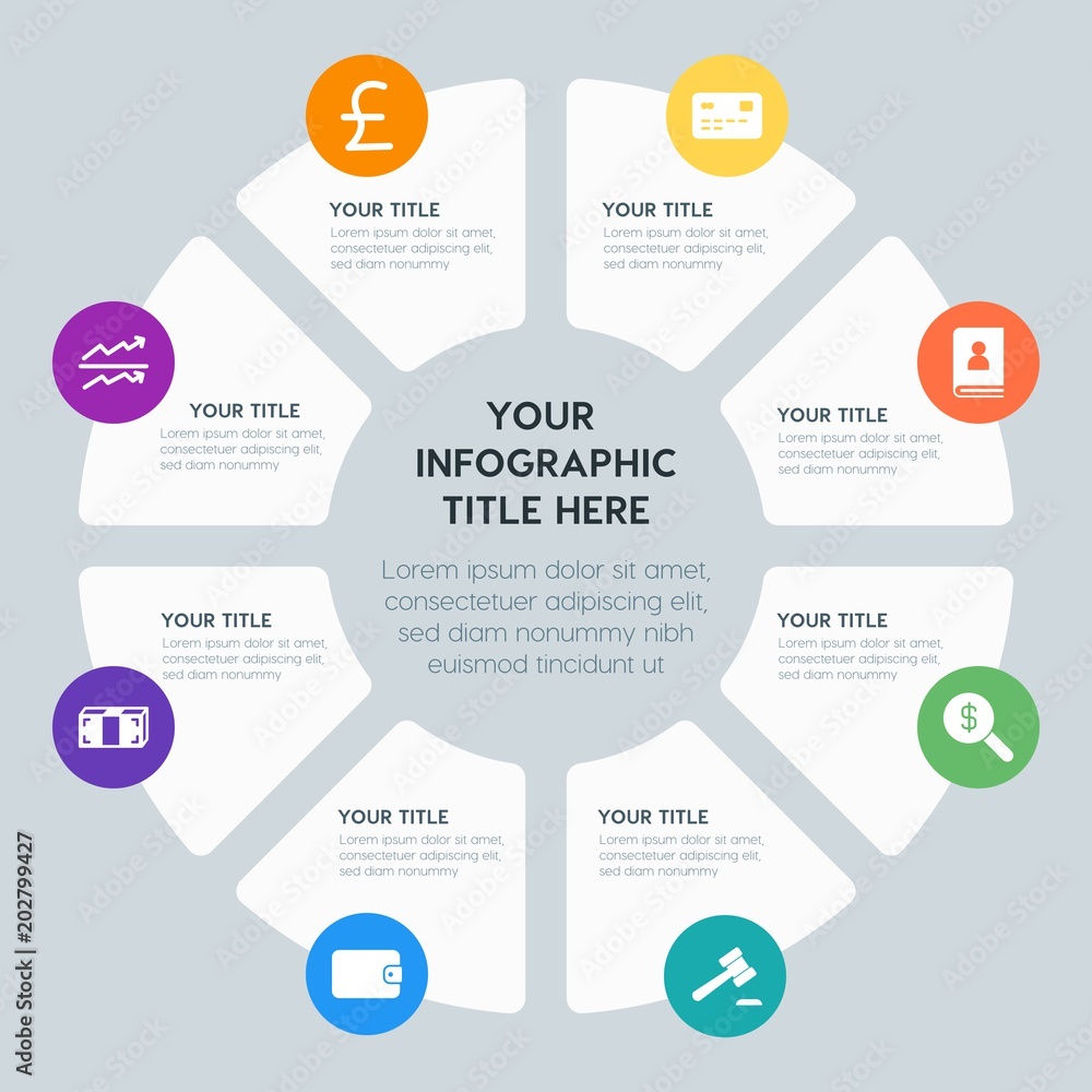 Circle chart business, money, charts infographic template with 8 options for presentations, advertising, annual reports Circle chart business, money, charts infographic template with 8 options for presentations, advertising, annual reports