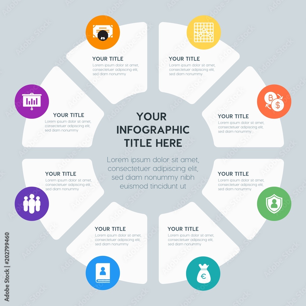 Circle chart business, money, charts infographic template with 8 options for presentations, advertising, annual reports Circle chart business, money, charts infographic template with 8 options for presentations, advertising, annual reports
