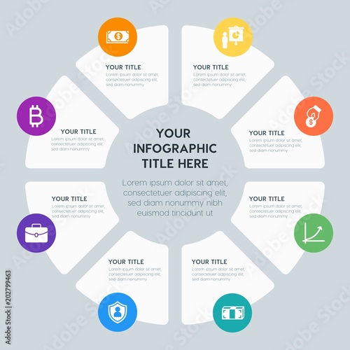 Circle chart business, money, charts infographic template with 8 options for presentations, advertising, annual reports