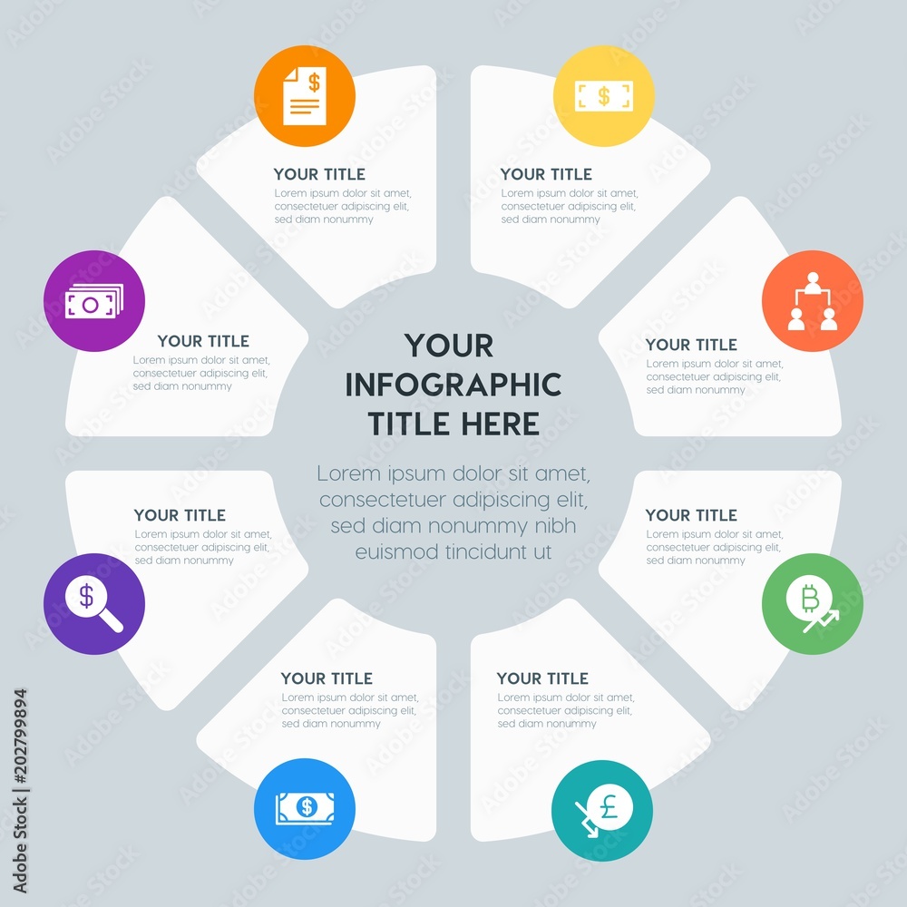 Circle chart business, money, charts infographic template with 8 options for presentations, advertising, annual reports