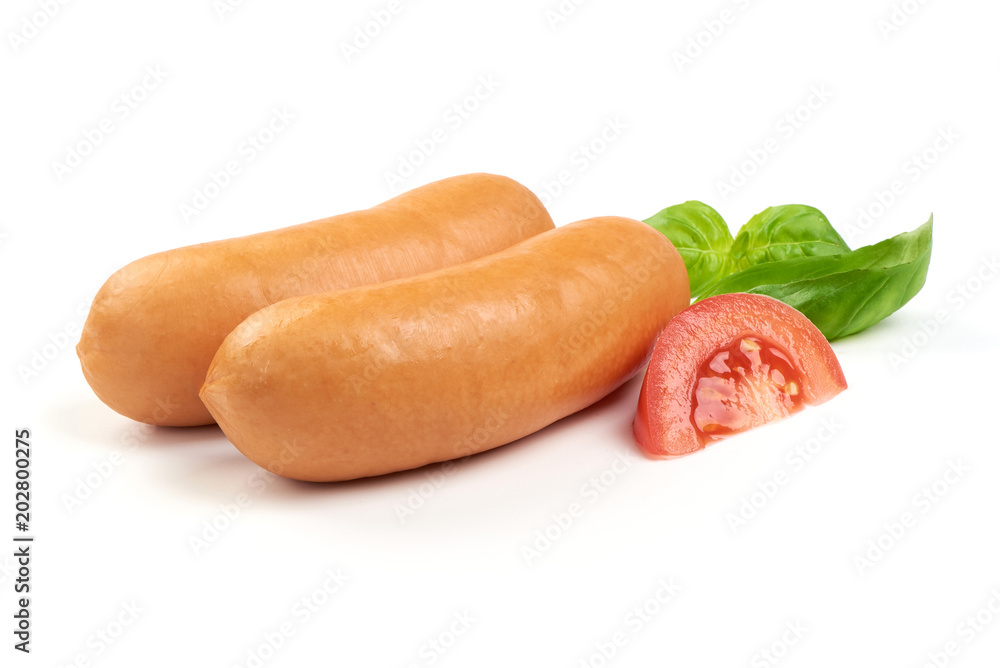 Fresh boled Sausages with herbs and tomatoes, isolated on a white background Fresh boled Sausages with herbs and tomatoes, isolated on a white background