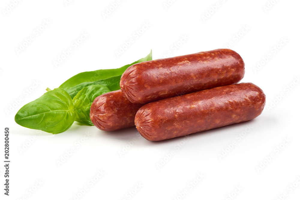 Salami smoked sausages with herbs isolated on white background Salami smoked sausages with herbs isolated on white background