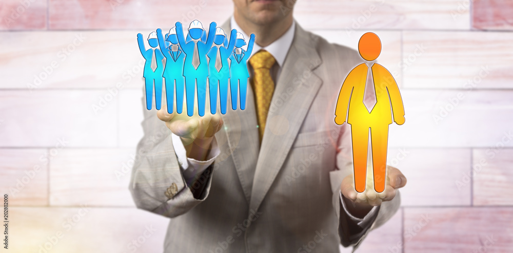 Φωτογραφία Raising Cheering Worker Team Above Giant Manager