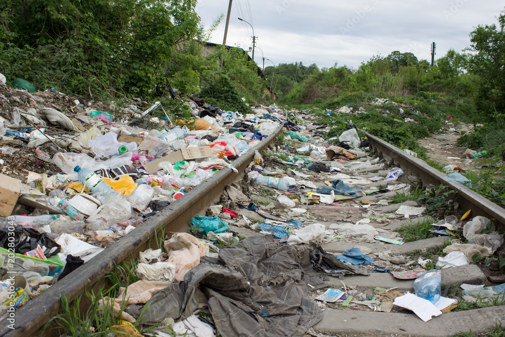 Ταπετσαρία garbage on railroad in slums ghetto district in third world country