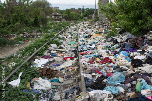 Картината върху платно garbage on railroad in slums ghetto district in third world country