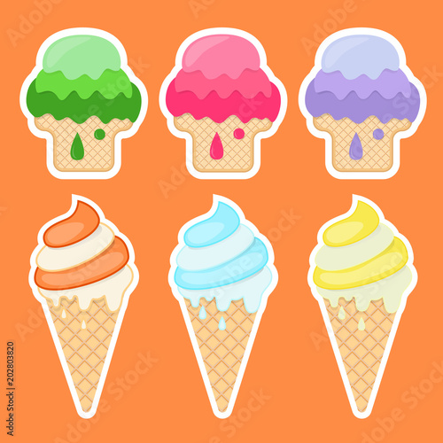 Stickers with Ice Cream. Vector Illustration. 