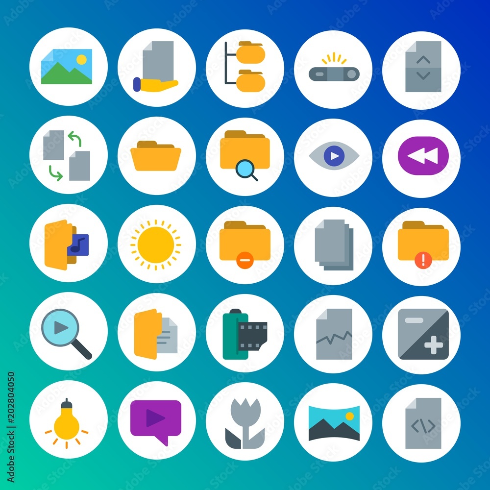 Modern Simple Set of folder, video, photos, files Vector flat Icons. Contains such Icons as  folder,  light,  code, panorama,  scenery and more on gradient background. Fully Editable. Pixel Perfect