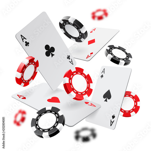 Falling aces and casino chips with blurred elements on white background. Playing cards, red and black money chips fly. The concept of winning or gambling. Poker and card games. Vector 3d illustration