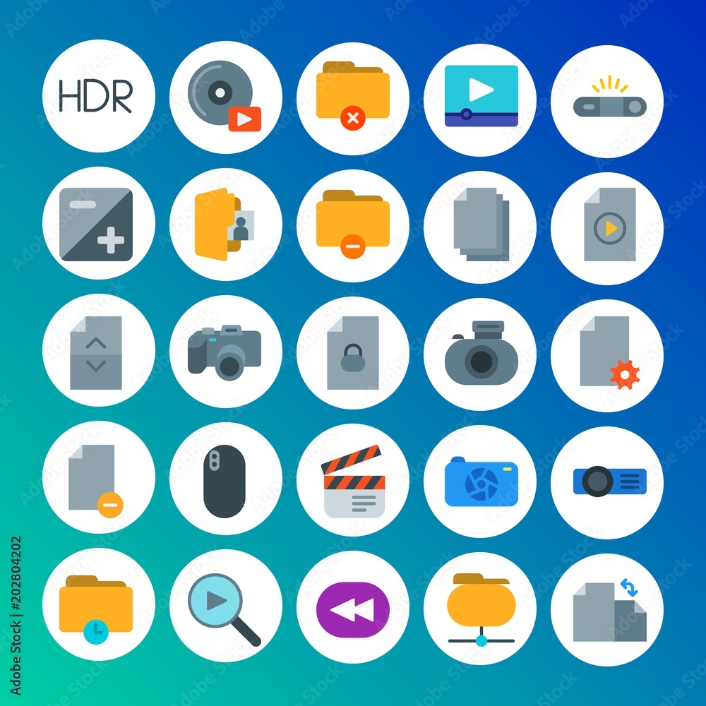 Modern Simple Set of folder, video, photos, files Vector flat Icons. Contains such Icons as close, network, hdr,  music,  technology,  cd and more on gradient background. Fully Editable. Pixel Perfect