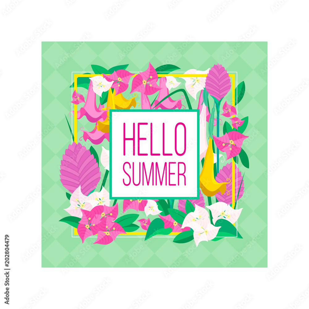 Φωτογραφία Color graphic illustration of bright summer tropical flowers in bloom and leaves from southern jungle with frame on geometric background with text - Hello, summer! Vector illustration, isolated