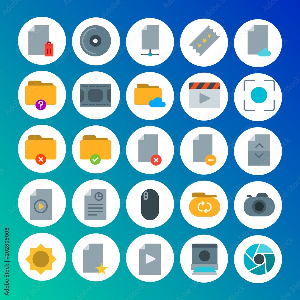 Modern Simple Set of folder, video, photos, files Vector flat Icons. Contains such Icons as light,  cloud, internet, movie,  network,  cd and more on gradient background. Fully Editable. Pixel Perfect