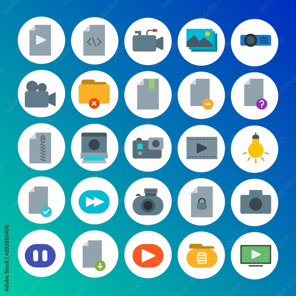 Modern Simple Set of folder, video, photos, files Vector flat Icons. Contains such Icons as camera, download,  web, stop,  picture,  game and more on gradient background. Fully Editable. Pixel Perfect