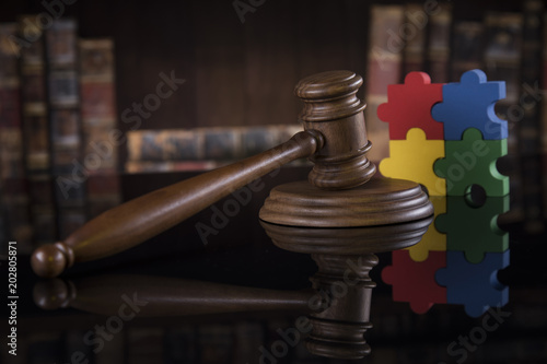 Puzzle, law concept, Wooden gavel