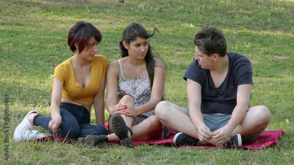 three young friends relaxing talking sit in the meadow- carefree,summer,nature three young friends relaxing talking sit in the meadow- carefree,summer,nature