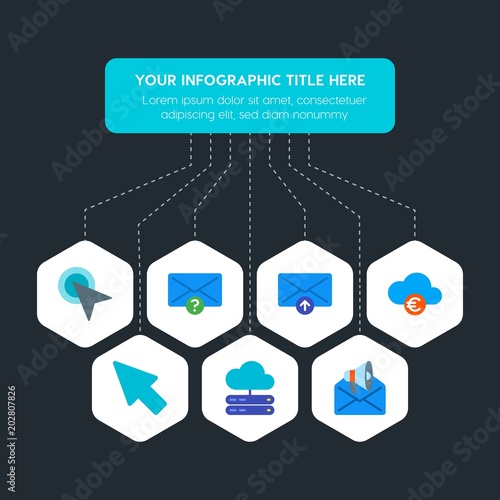 Flat geometric cloud and networking, cursors, bookmarks, email infographic steps template with 7 options for presentations, advertising, annual reports