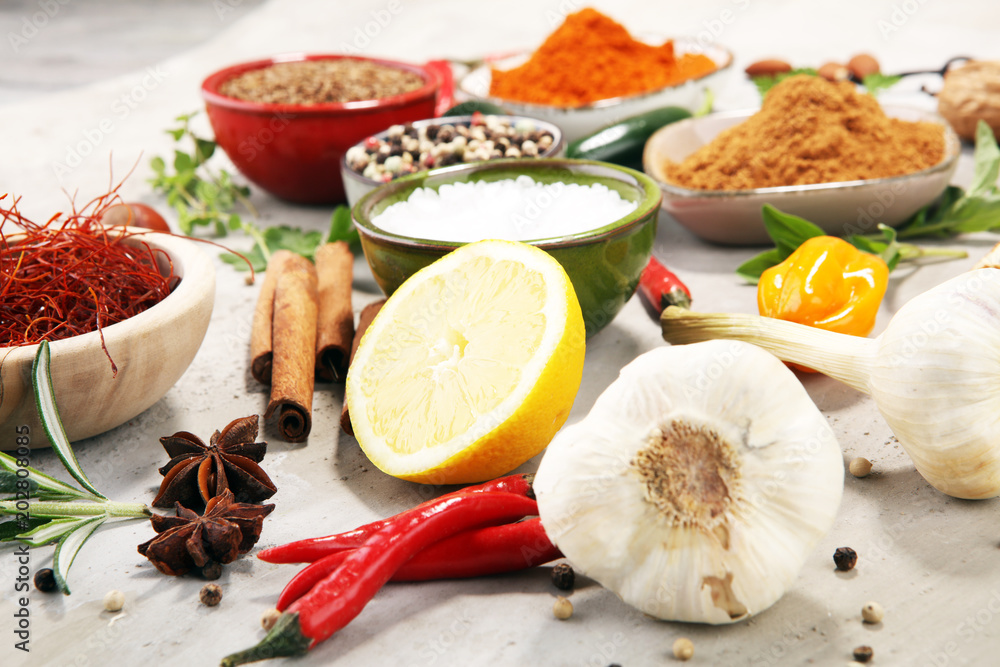 Spices and herbs on table. Food and cuisine ingredients. Spices and herbs on table. Food and cuisine ingredients.
