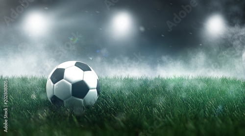 Fußballstadion mit Fußball auf grünem Rasen © XtravaganT
