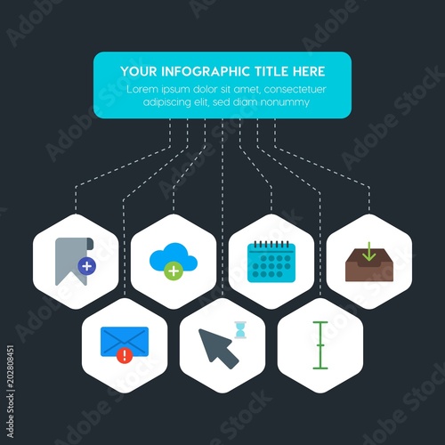 Flat geometric cloud and networking, cursors, bookmarks, email infographic steps template with 7 options for presentations, advertising, annual reports