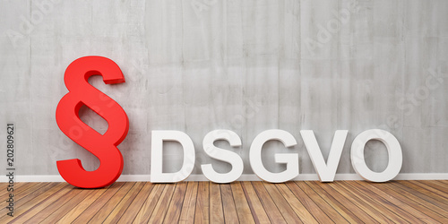 DSGVO Basic Data Protection Regulation Concept with red paragraph symbol on grey concrete wall - 3D Rendering photo