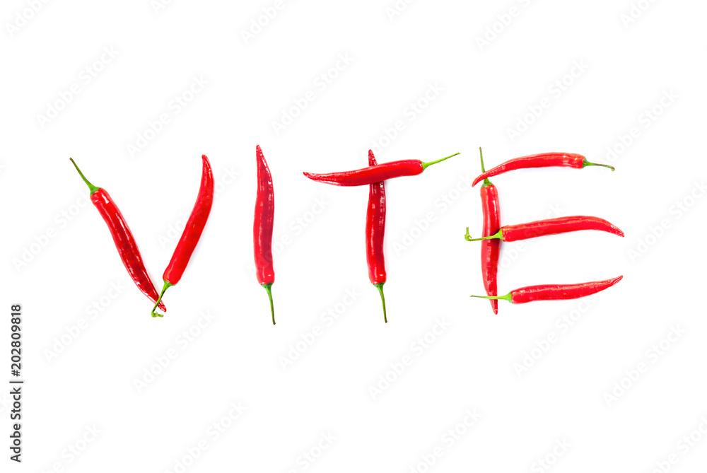 french word vite meaning quick written with red chili peppers on white background abstract concept photo french word vite meaning quick written with red chili peppers on white background abstract concept photo